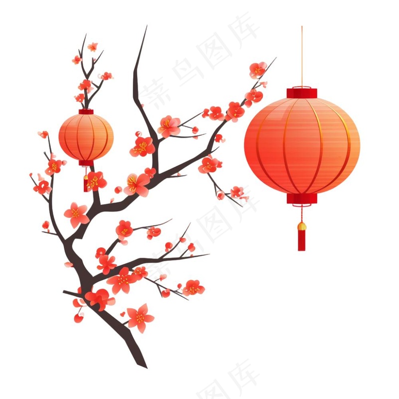 新年梅花枝条挂红灯笼喜庆红色卡通插画免抠(1024x1024)