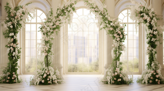 教堂婚礼现场鲜花白色主题摄影图