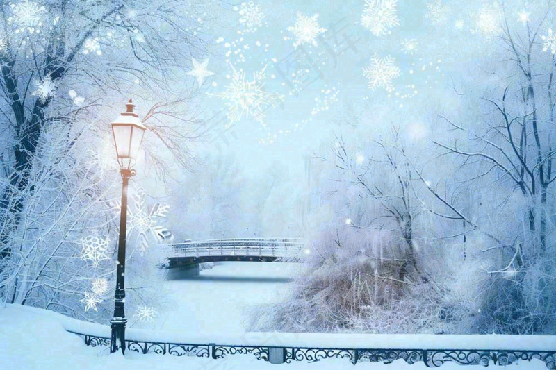 冬天白雪皑皑雪景河流街道路灯桥小雪大雪冬至雪花背景(1344x896)