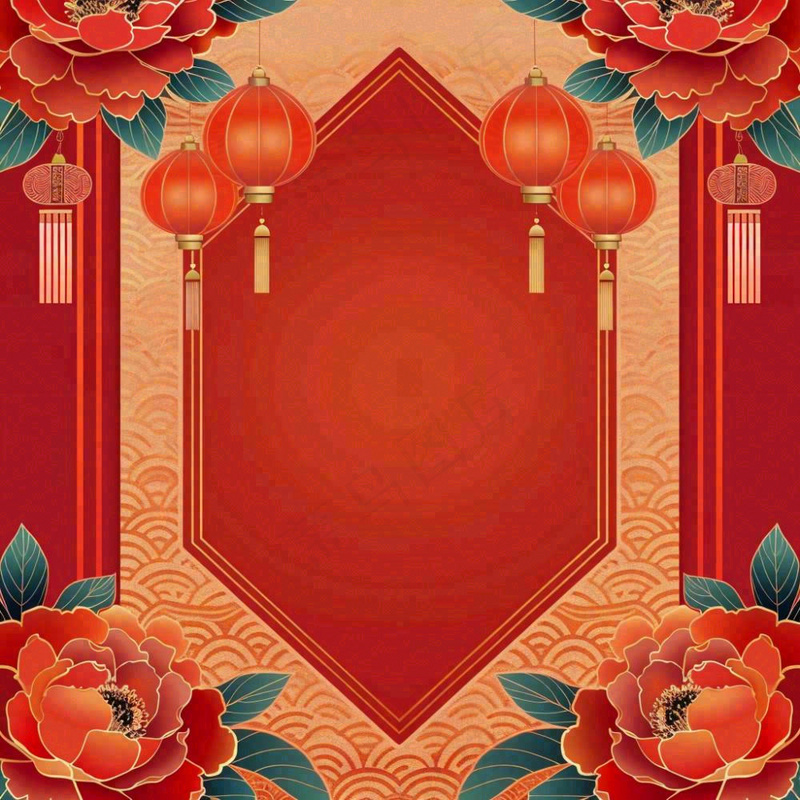 新春新年牡丹花灯笼红色边框剪贴画插画背景(1024x1024)