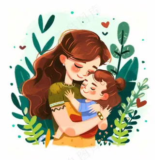 妈妈抱着孩子母亲花草环抱亲情卡通插画免抠