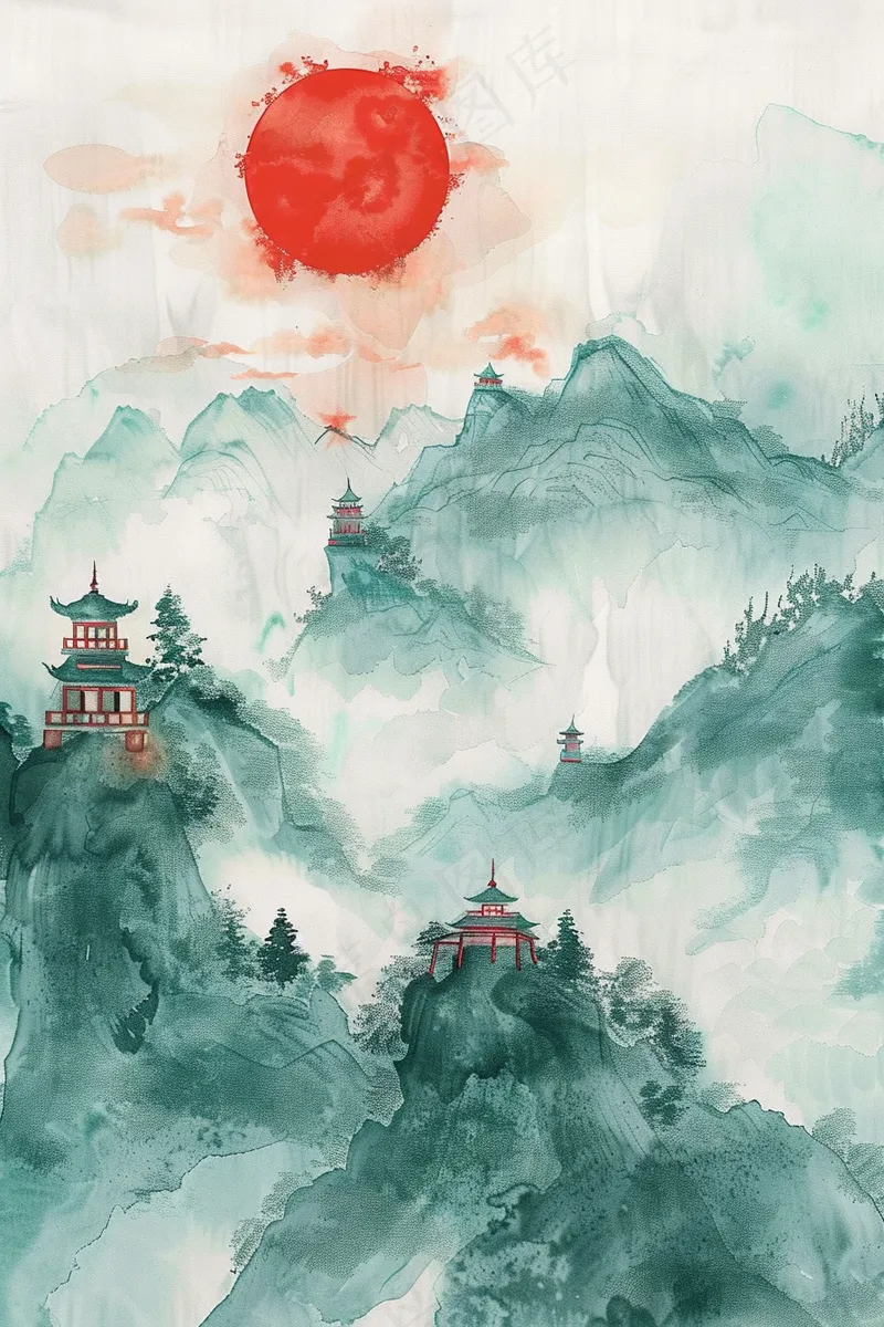水墨国画山川寺庙立于山顶日出青山插画背景(2688x4032)