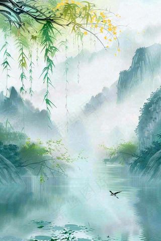 春天雨水水墨山水柳树柳枝燕子黄花盛开清明端午插画背景