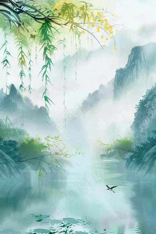 春天雨水水墨山水柳树柳枝燕子黄花盛开清明端午插画背景