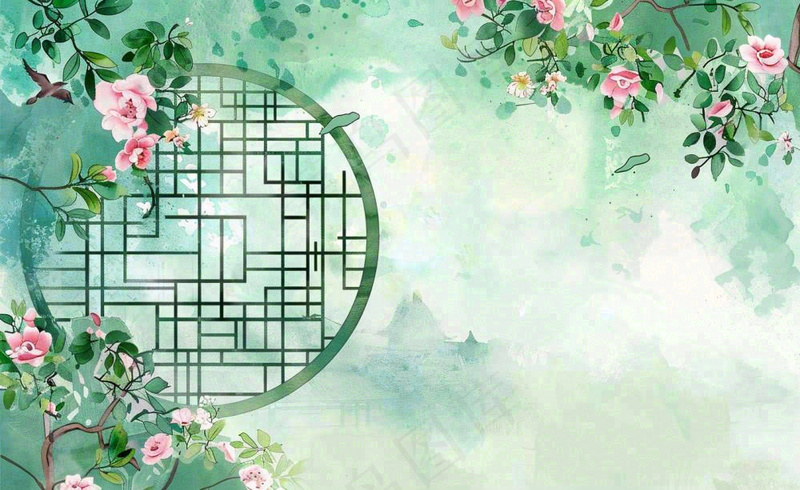 古风工笔画插画海棠樱花花鸟植物立春春天山水风景水彩背景