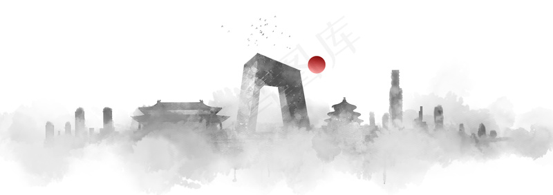 彩色手绘banner山水画21