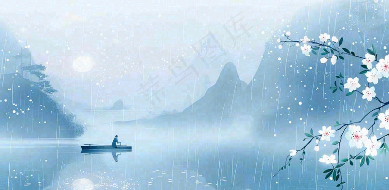 雨水春分清明节清明节唯美古风意境山水风景插画海报背景(1568x768)
