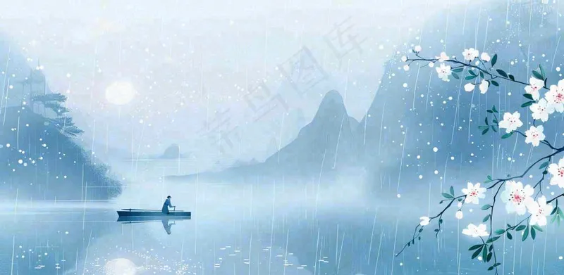 雨水春分清明节清明节唯美古风意境山水风景插画海报背景(1568x768)