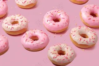 粉色甜甜圈粉色梦幻背景下午茶美食甜点摄影图
