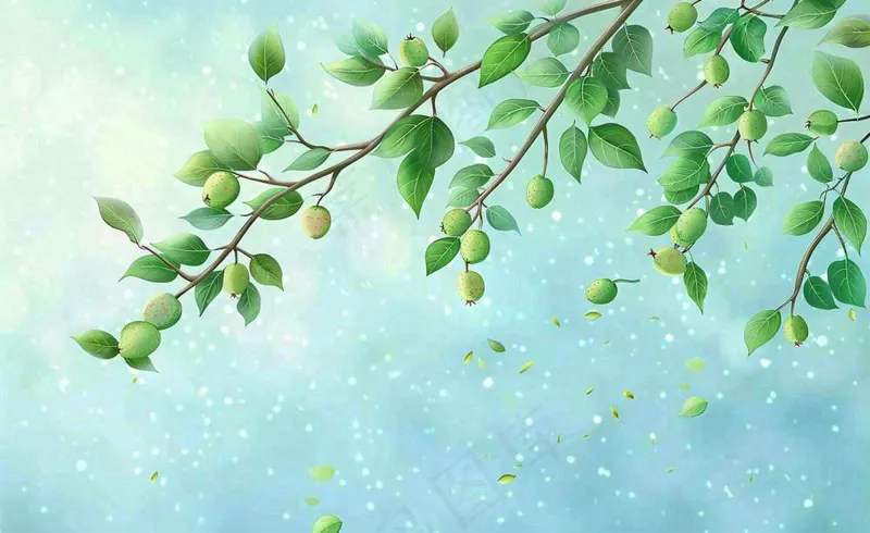 春夏绿色树枝绿叶清新绿意立夏插画背景(1408x864)
