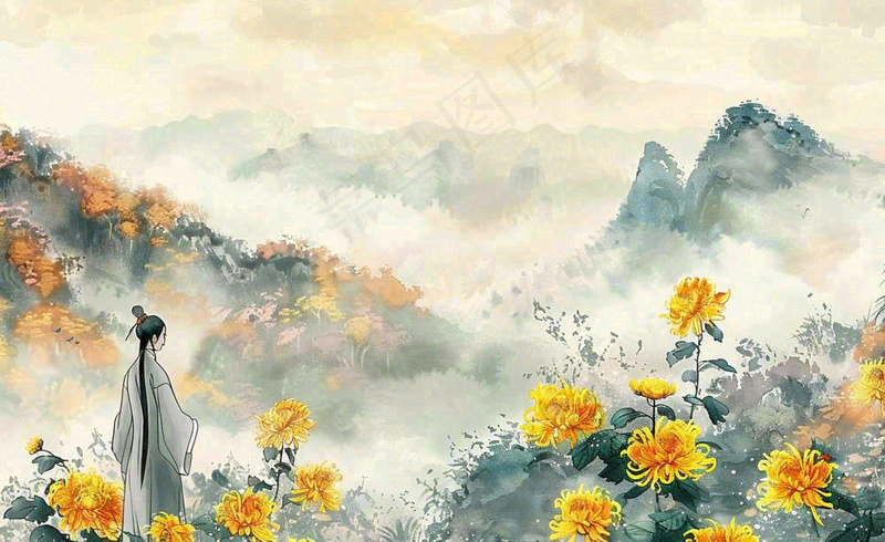 秋天古风水墨画山川菊花古风人物端午清明中秋重阳插画背景(1408x864)