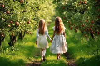苹果园少女牵手漫步草地小径摄影图