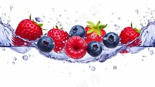 新鲜草莓蓝莓覆盆子口味水波溅起白色背景摄影图