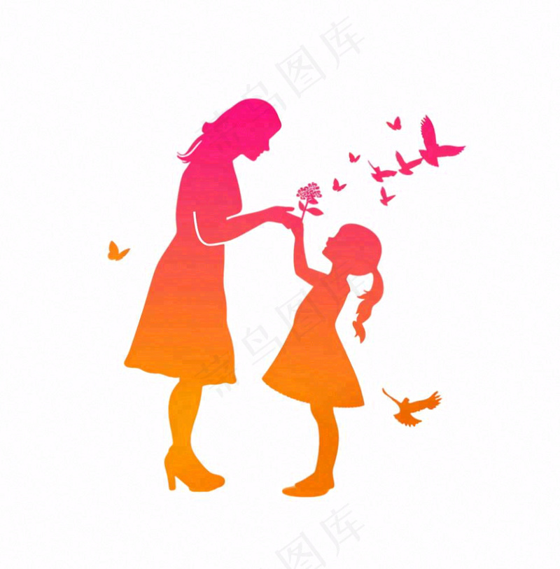 母亲节送花女儿给妈妈剪影亲情人物插画免抠