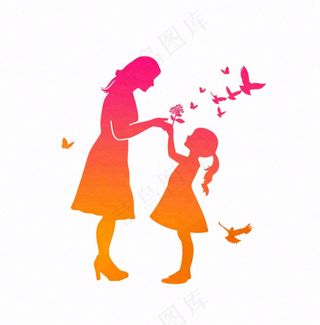 母亲节送花女儿给妈妈剪影亲情人物插画免抠