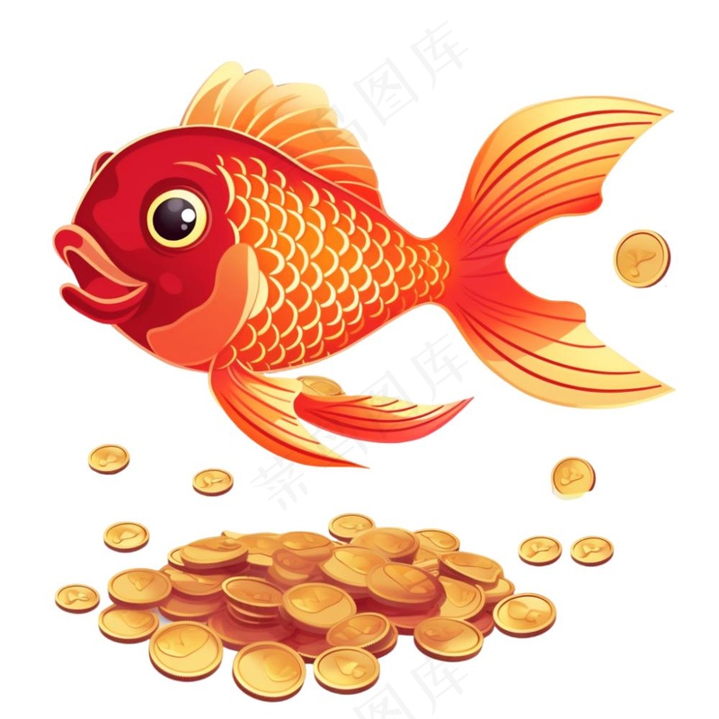金鱼吐金币新年财富喜庆招财进宝卡通插画免抠(1024x1024)