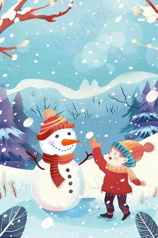 冬天大雪纷飞堆雪人寒冷立冬小雪冬至卡通插画背景