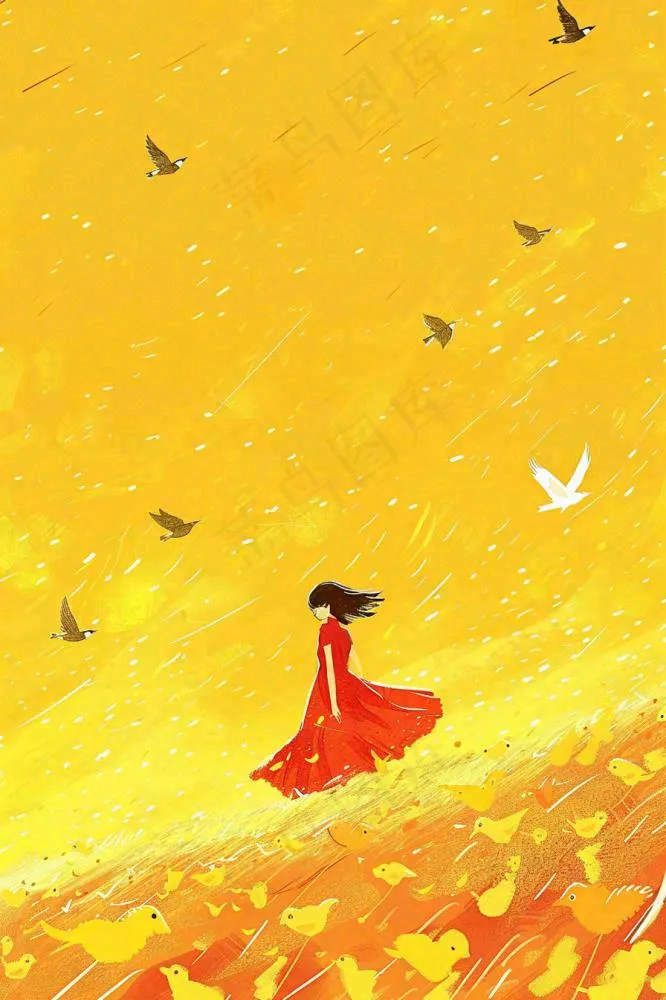 秋天金黄背景花丛红裙子少女白鹭立秋秋分白露插画背景(896x1344)