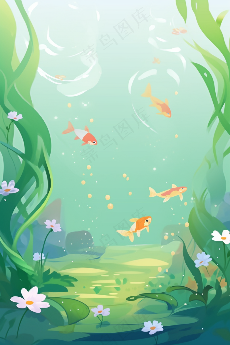 湖底水底世界鱼群游曳水草植物卡通插画背景(2688x4032)