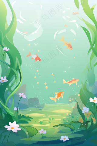 湖底水底世界鱼群游曳水草植物卡通插画背景