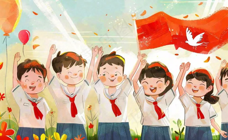 卡通红领巾学生举手旗帜和平鸽班长竞选祖国花朵国庆卡通插画背景(1408x864)