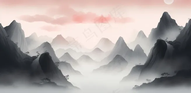 山水水墨画云层山峰中国风插画背景