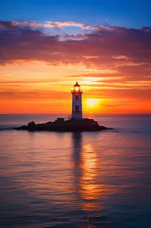 夕阳落日海面的灯塔余晖倒影美景摄影图