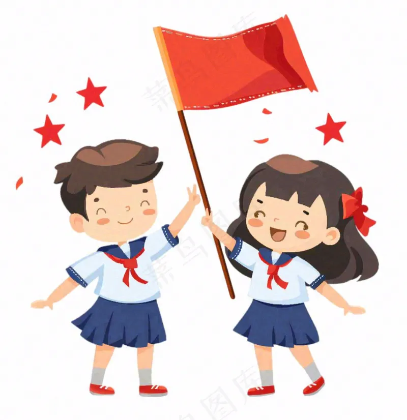 学生拿着旗帜红旗青少年青年国庆卡通插画免抠(1024x1056)