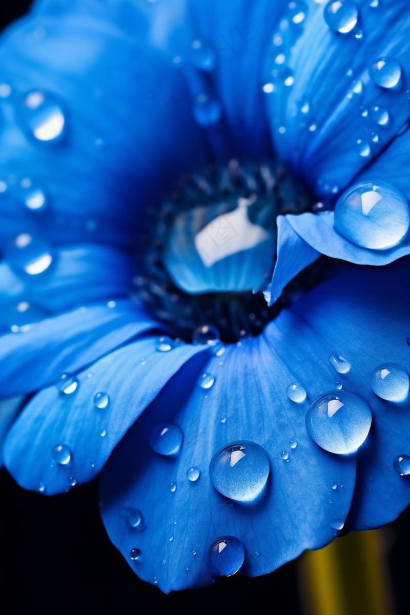 蓝色的花朵上布满了露珠水滴摄影图