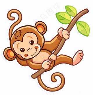 猴子挂着树枝上玩乐动物卡通插画免抠