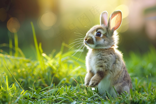春天草地里的兔子阳光摄影图
