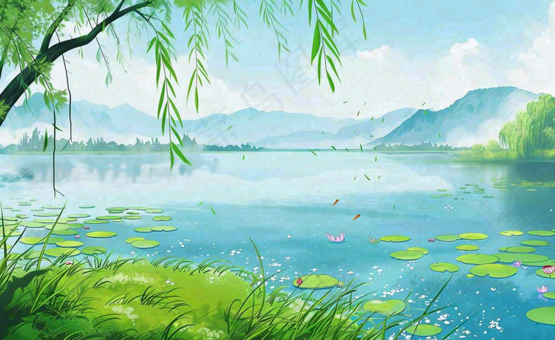 春夏风景湖泊荷花柳树立夏小暑夏至插画背景(1408x864)