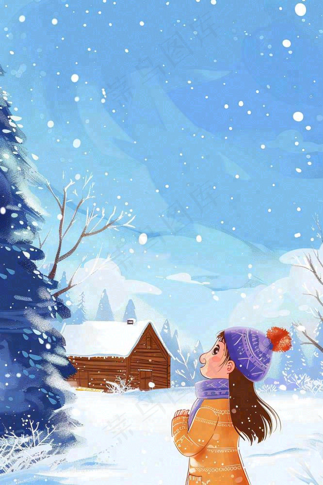 冬天白雪森林小木屋女孩赏雪风景帽子手套立冬冬至小雪大雪唯美卡通插画背景