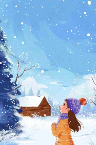 冬天白雪森林小木屋女孩赏雪风景帽子手套立冬冬至小雪大雪唯美卡通插画背景