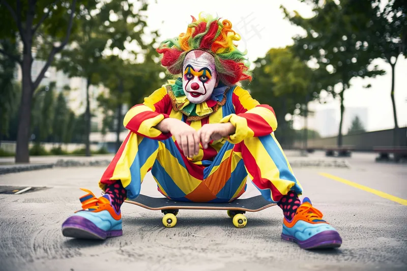 坐着滑板上的小丑愚人摄影图(4032x2688)