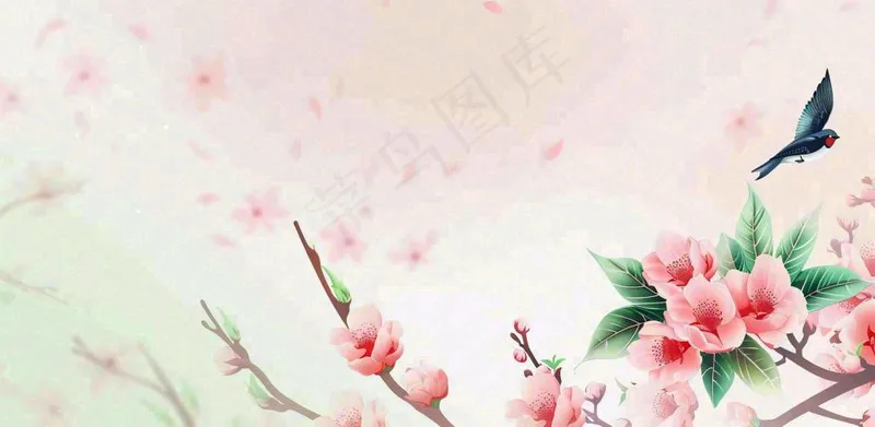 手绘中国风古风春天桃花燕子插画海报背景(1568x768)