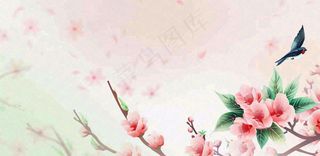 手绘中国风古风春天桃花燕子插画海报背景