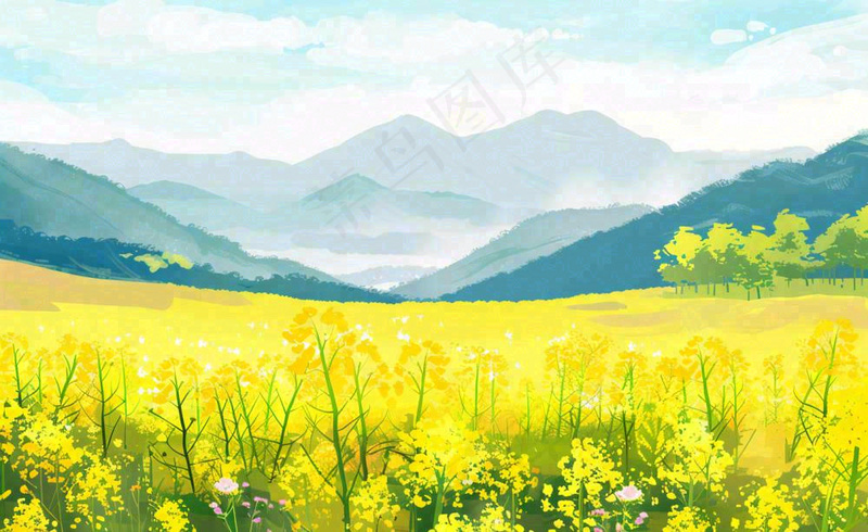 春天油菜花花田山峦蓝天白云惊蛰春分卡通插画背景(1408x864)