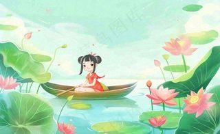 夏日荷叶荷塘女孩坐着船上大暑小暑夏天风景立夏卡通插画背景