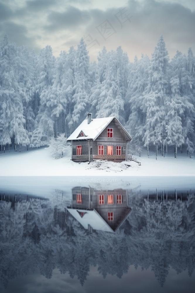 雪景小屋树林背景(896x1344)