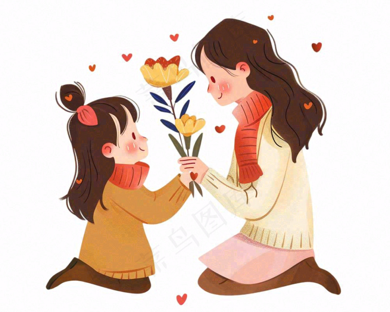 母亲节送花母女妈妈亲情人物卡通插画免抠(1200x960)