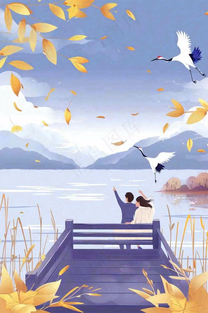 秋天情侣坐着湖边栈道看风景白鹭白露处暑寒露插画背景(896x1344)