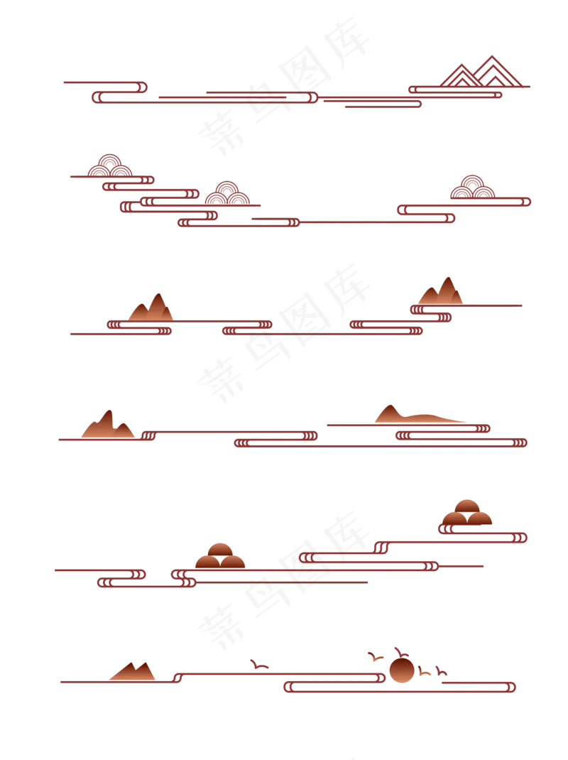山水波浪祥云中式国风线条64免扣素材