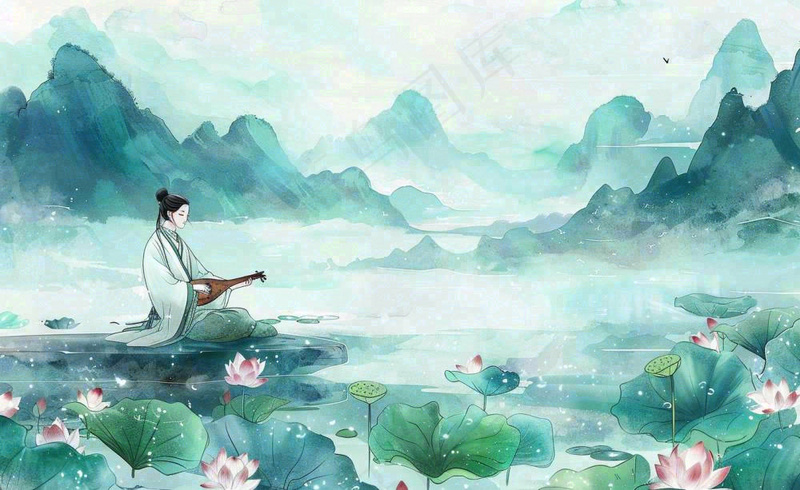 古风屈原人物山水画荷花端午时节中国风水墨插画背景(1408x864)