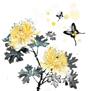 水墨菊花蝴蝶清明中秋插画免抠