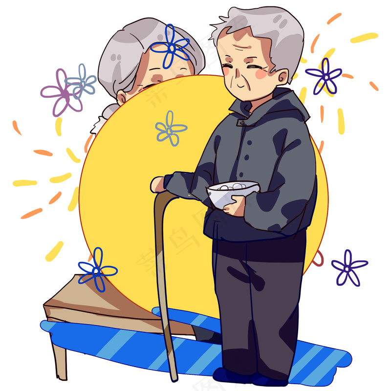 绘元宵节老人吃元宵插画素材psd模版下载