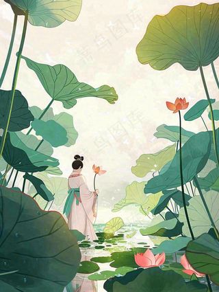 夏天插画风格古装少女在荷花池采莲花唯美夏日清凉小暑立夏夏至大暑插画背景