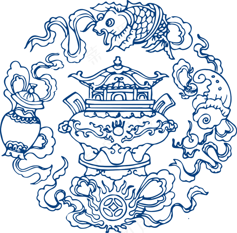 古代青花瓷图案花纹中国风图案祥云纹理传统图腾PNG免扣素材