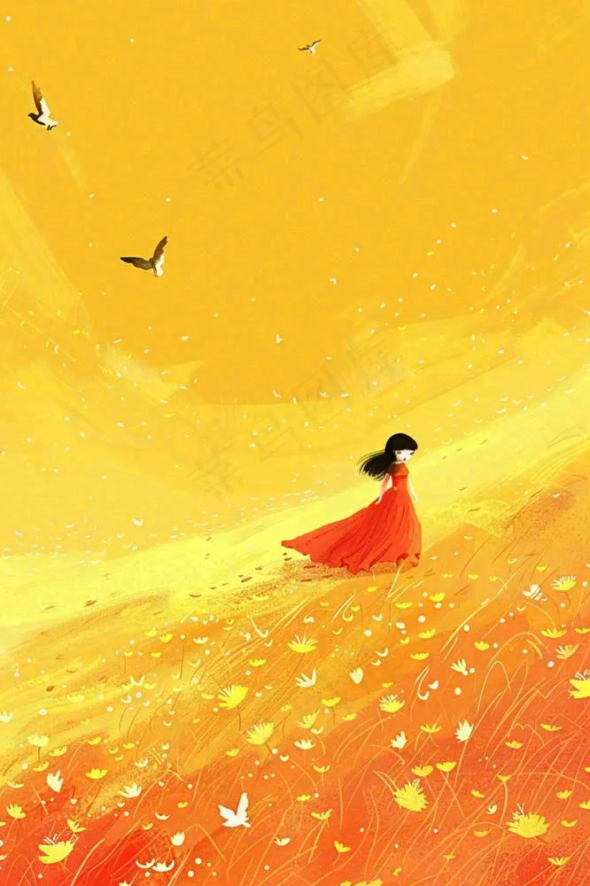 秋天金黄背景花丛红裙子少女白鹭立秋秋分白露插画背景(896x1344)