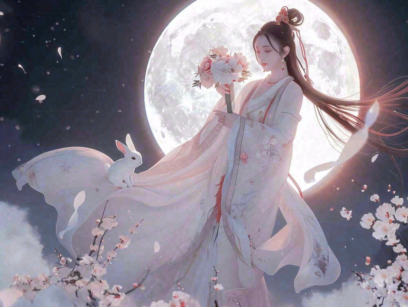 中秋节嫦娥玉兔月下嫦娥插图卡通唯美手绘古风插画背景(1232x928)